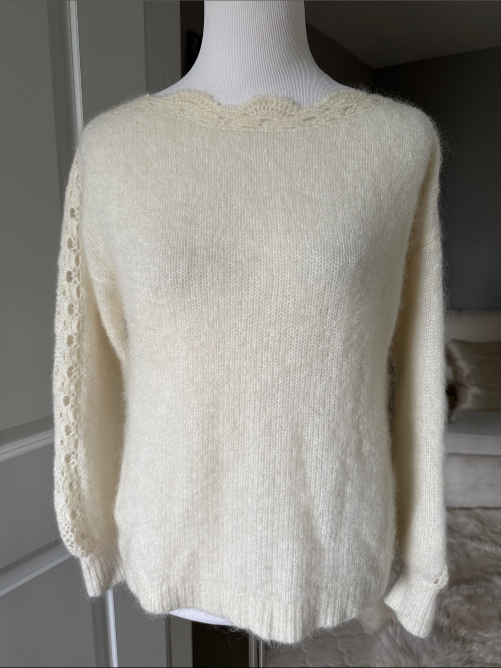 Sezane La Maille Stacey Lace-Trim Mohair Blend Sweater Jumper XS in Ivory